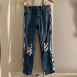 Empyre Junior Girls Distressed Medium Blue Wash Checked Eileen Mom Jeans Size 0